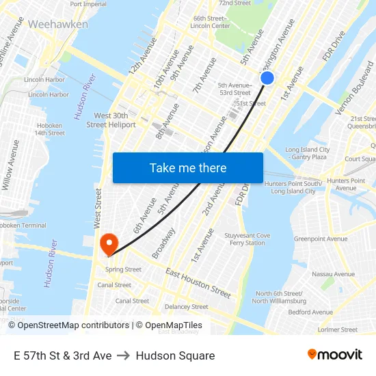 E 57th St & 3rd Ave to Hudson Square map