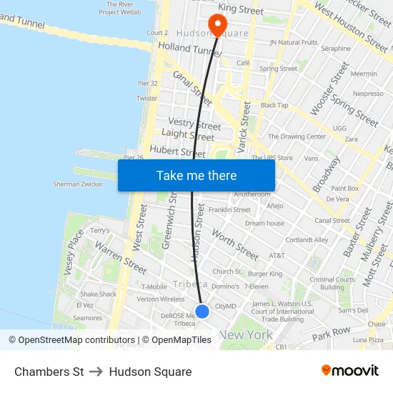 Chambers St to Hudson Square map