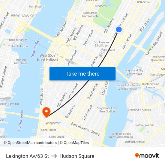 Lexington Av/63 St to Hudson Square map