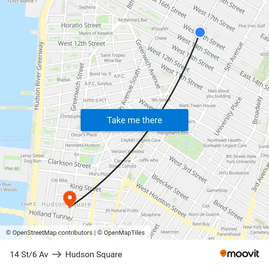 14 St/6 Av to Hudson Square map