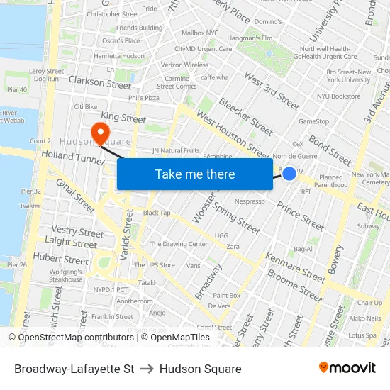 Broadway-Lafayette St to Hudson Square map