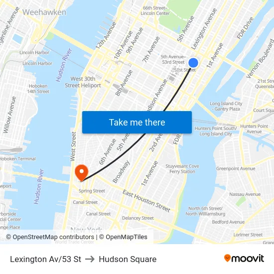 Lexington Av/53 St to Hudson Square map