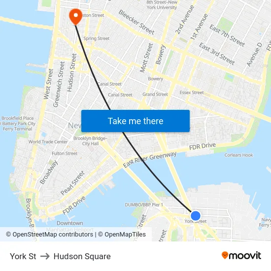 York St to Hudson Square map