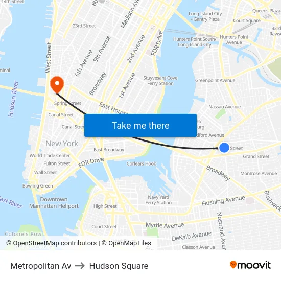 Metropolitan Av to Hudson Square map