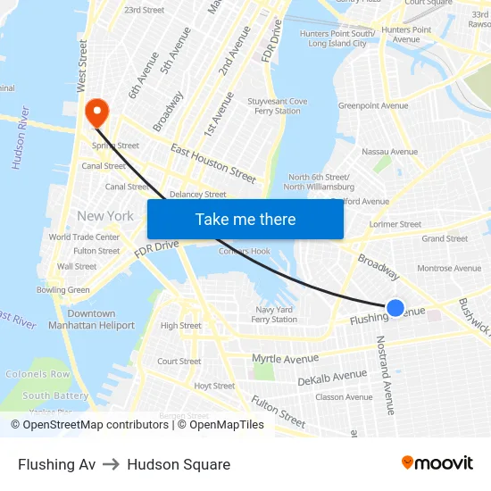 Flushing Av to Hudson Square map