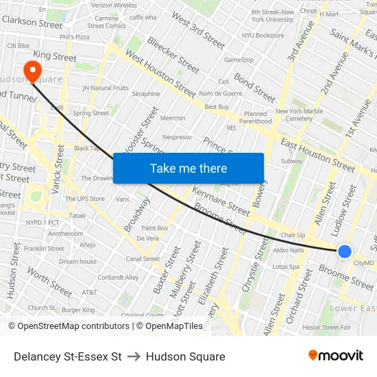 Delancey St-Essex St to Hudson Square map