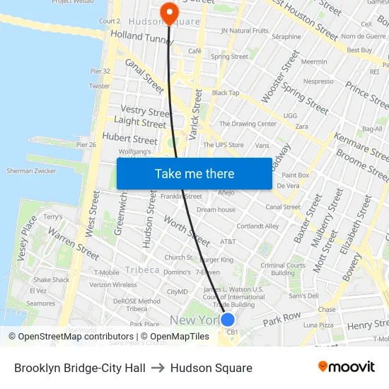 Brooklyn Bridge-City Hall to Hudson Square map