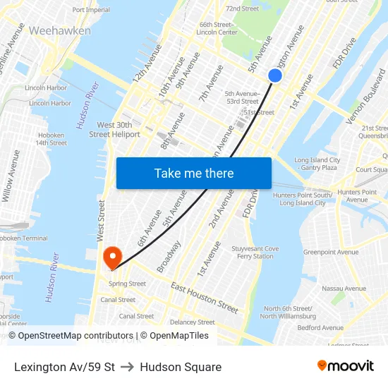Lexington Av/59 St to Hudson Square map