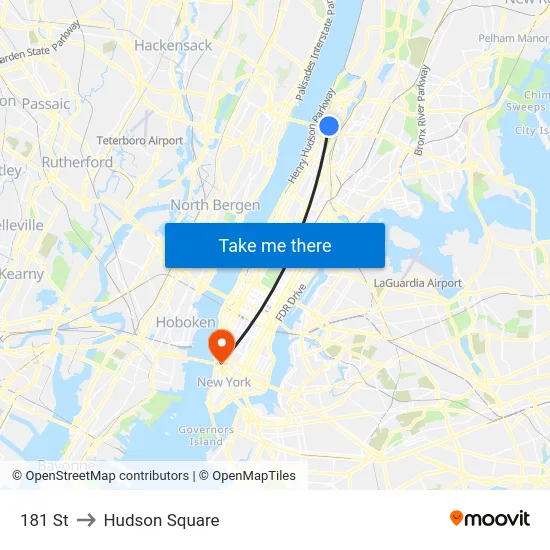 181 St to Hudson Square map