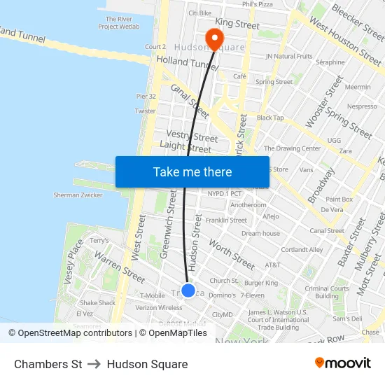 Chambers St to Hudson Square map