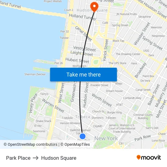 Park Place to Hudson Square map