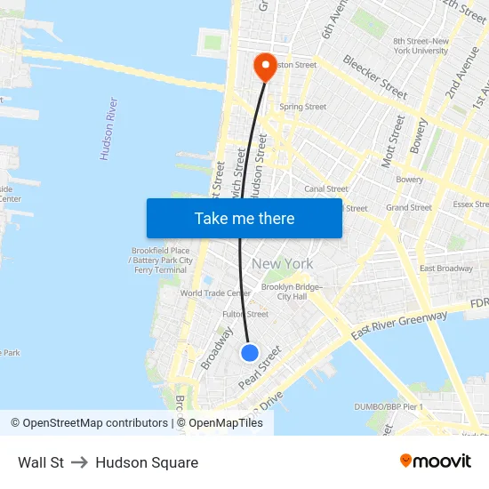Wall St to Hudson Square map