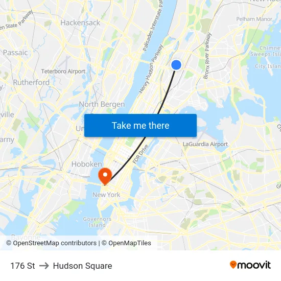 176 St to Hudson Square map