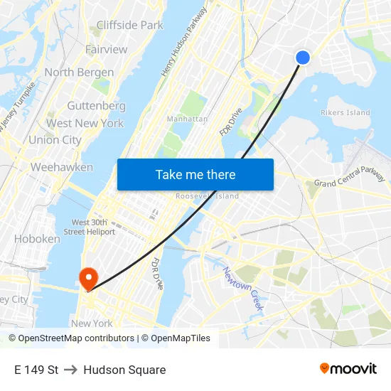 E 149 St to Hudson Square map