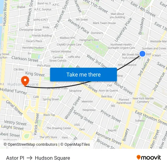 Astor Pl to Hudson Square map