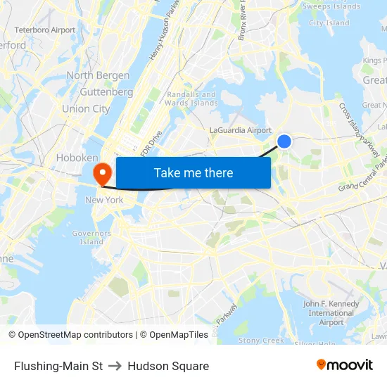 Flushing-Main St to Hudson Square map