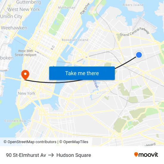 90 St-Elmhurst Av to Hudson Square map
