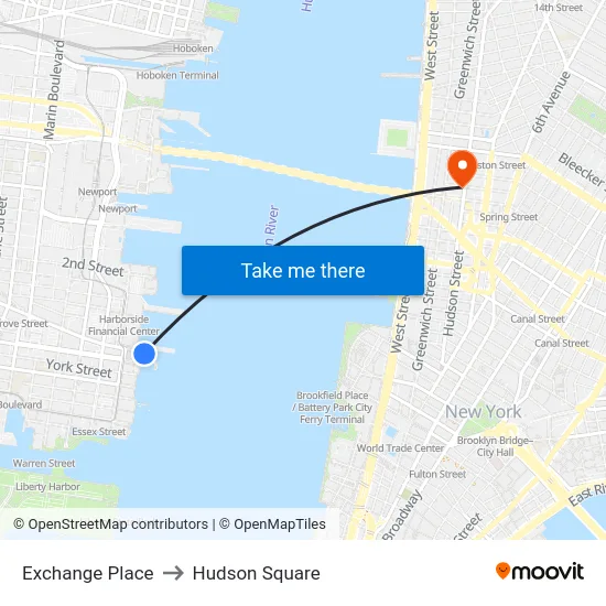 Exchange Place to Hudson Square map