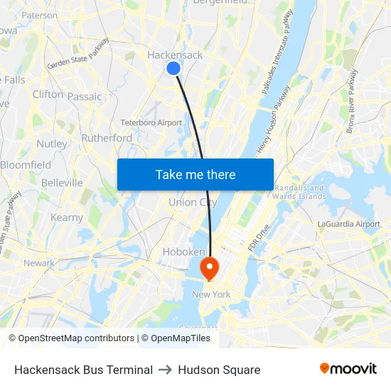 Hackensack Bus Terminal to Hudson Square map