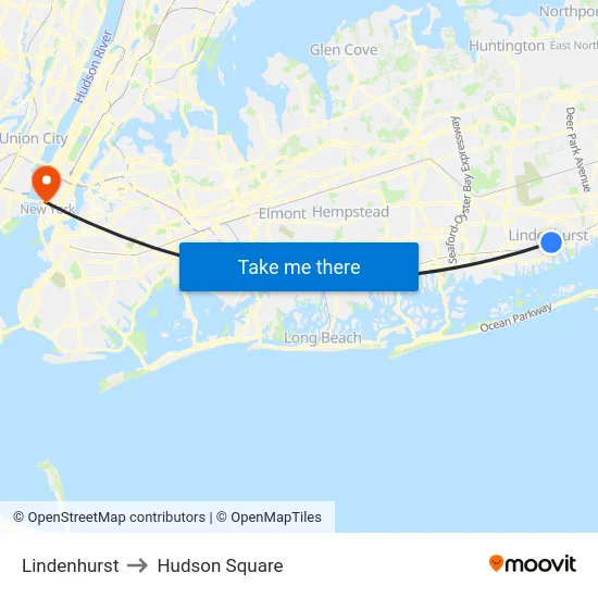 Lindenhurst to Hudson Square map