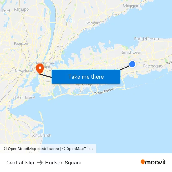 Central Islip to Hudson Square map
