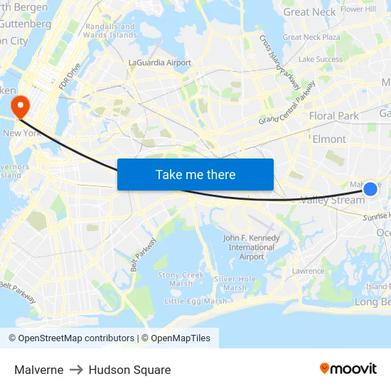 Malverne to Hudson Square map