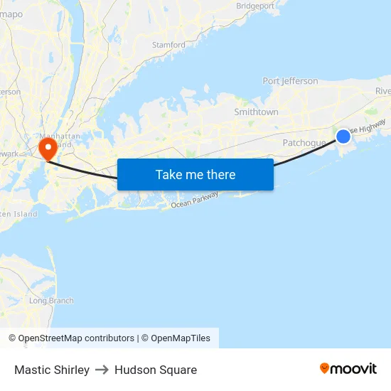 Mastic Shirley to Hudson Square map