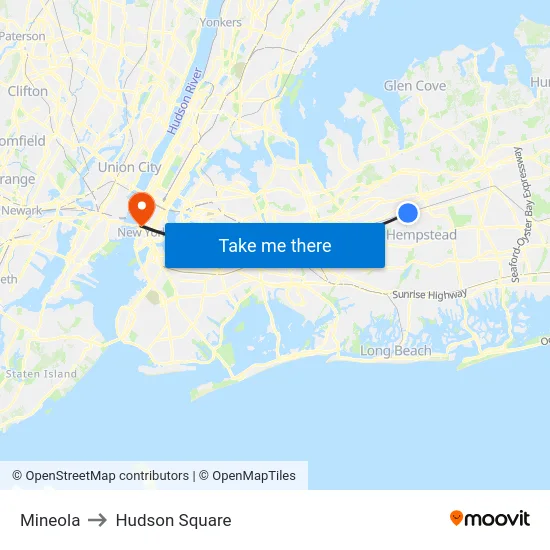 Mineola to Hudson Square map