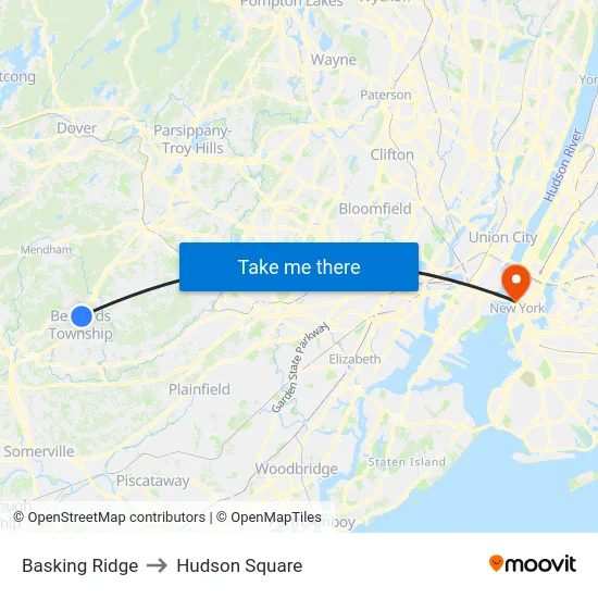Basking Ridge to Hudson Square map