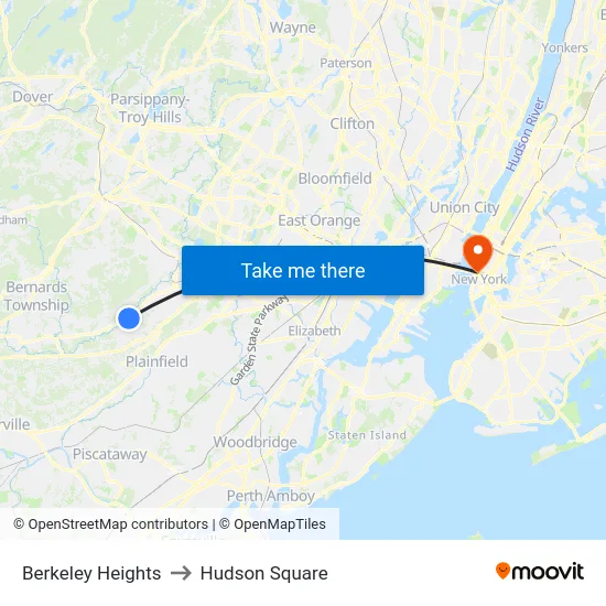 Berkeley Heights to Hudson Square map