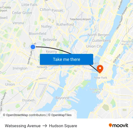Watsessing Avenue to Hudson Square map