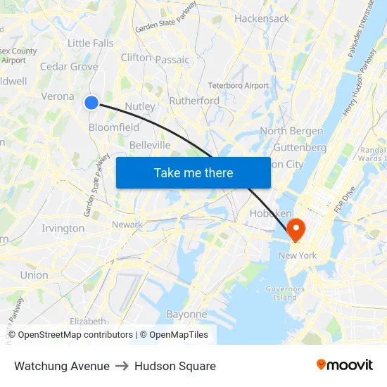 Watchung Avenue to Hudson Square map