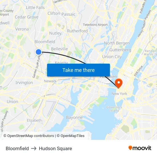Bloomfield to Hudson Square map