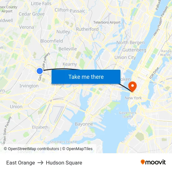 East Orange to Hudson Square map