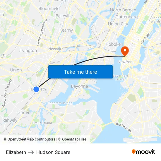 Elizabeth to Hudson Square map