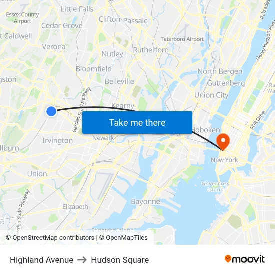 Highland Avenue to Hudson Square map