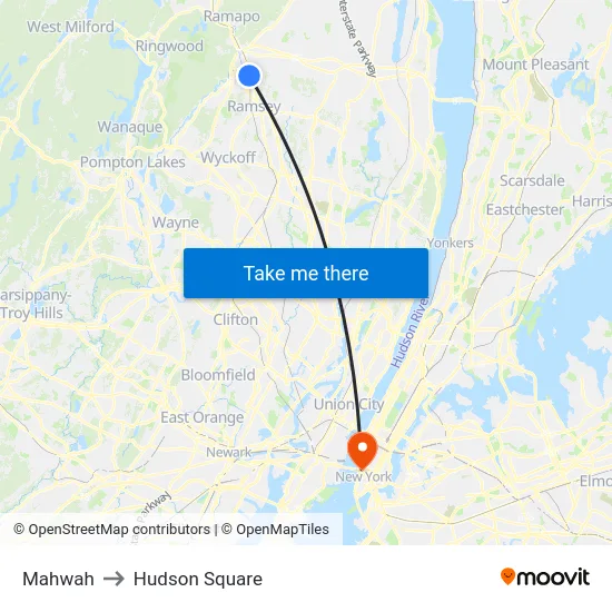Mahwah to Hudson Square map