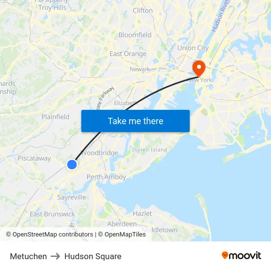 Metuchen to Hudson Square map