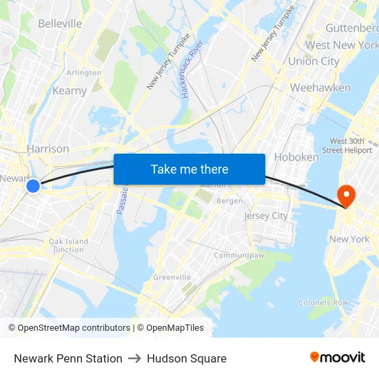 Newark Penn Station to Hudson Square map