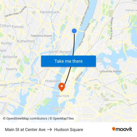 Main St at Center Ave to Hudson Square map