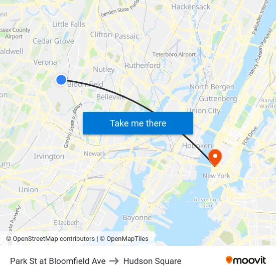 Park St at Bloomfield Ave to Hudson Square map