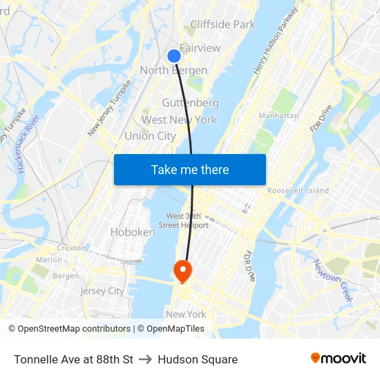 Tonnelle Ave at 88th St to Hudson Square map