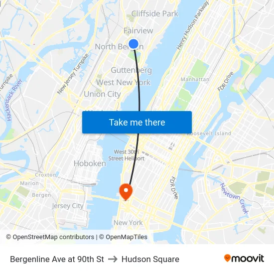 Bergenline Ave at 90th St to Hudson Square map