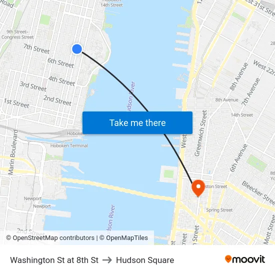 Washington St at 8th St to Hudson Square map