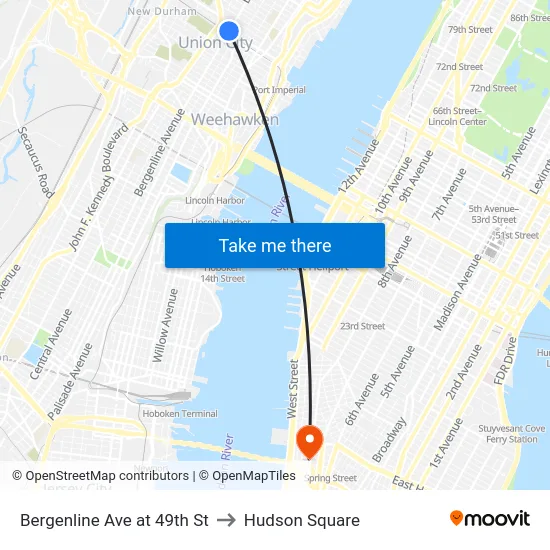 Bergenline Ave at 49th St to Hudson Square map