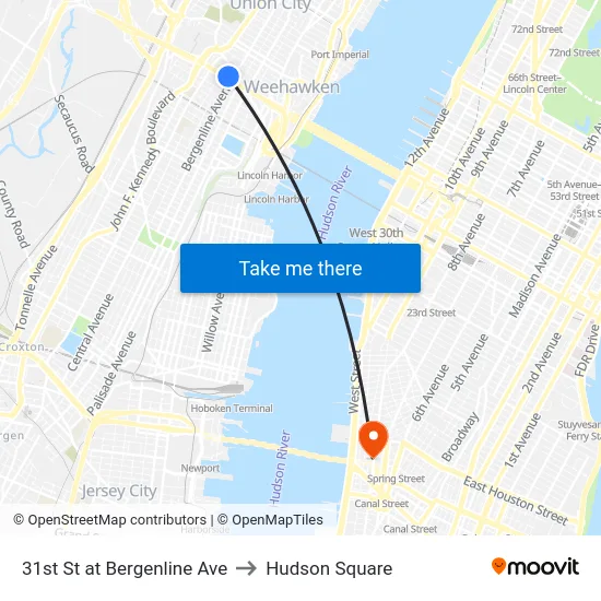 31st St at Bergenline Ave to Hudson Square map
