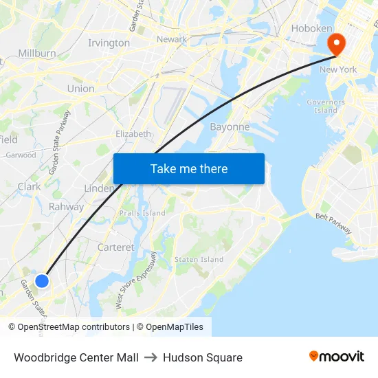 Woodbridge Center Mall to Hudson Square map