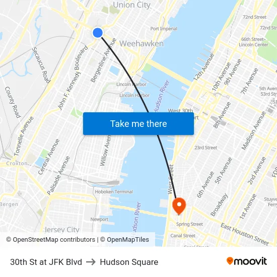 30th St at JFK Blvd to Hudson Square map