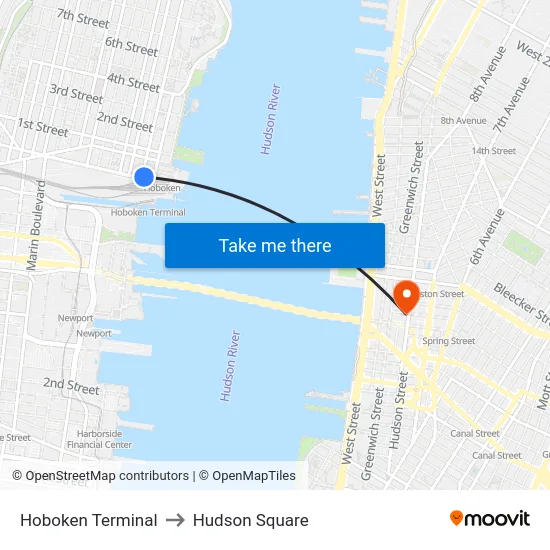 Hoboken Terminal to Hudson Square map