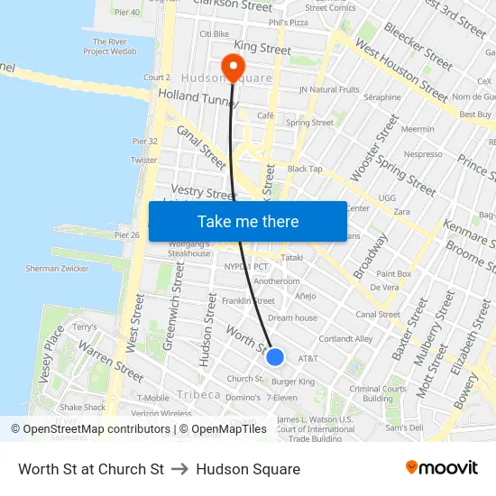 Worth St at Church St to Hudson Square map
